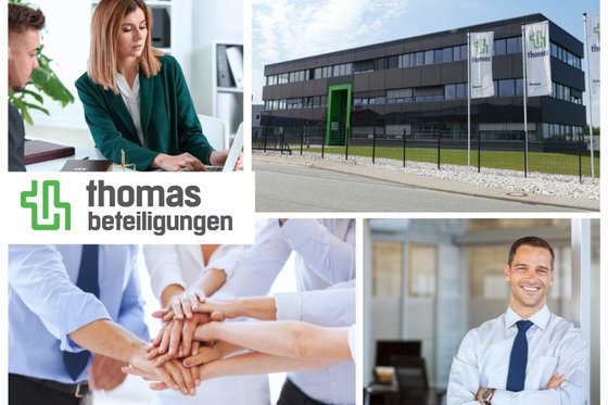 Collage: Mitarbeiterin am Laptop, Firmengebäude thomas beteiligungen, Team-Handschlag und lächelnder Mitarbeiter