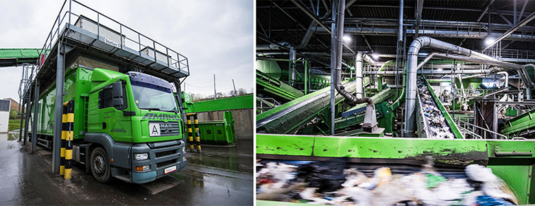 Grüner LKW und Sortieranlage in einer Fabrik