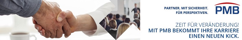 Händedruck zwischen Frau und Mann, PMB - PARTNER. MIT SICHERHEIT. FÜR PERSPECTIVEN. - ZEIT FÜR VERÄNDERUNG! MIT PMB BEKOMMT IHRE KARRIERE EINEN NEUEN KICK.