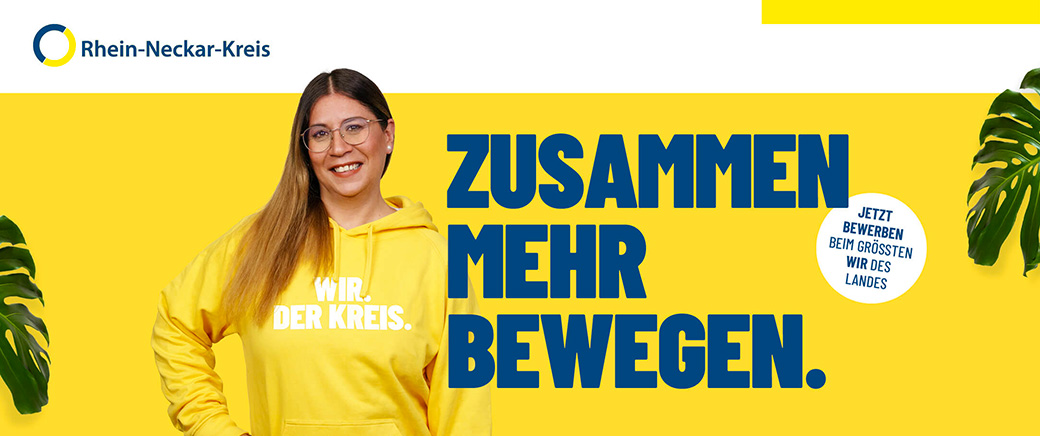 Rhein-Neckar-Kreis - Frau im gelben Hoodie - Jetzt bewerben beim grössten wir des Landes. - ZUSAMMEN MEHR BEWEGEN.