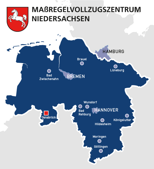 Maßregelvollzugszentrum Niedersachsen mit Landkarte und Logo