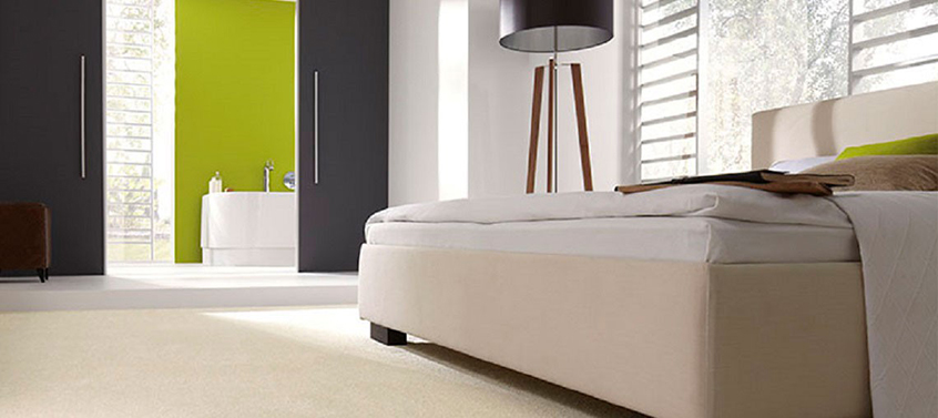 Modernes Schlafzimmer mit Teppich und Stehlampe