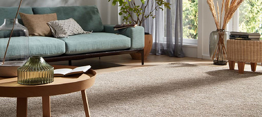 Wohnzimmer mit beigem Teppich und türkisem Sofa