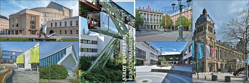 Verschiedene Wuppertaler Gebäude: Stadthalle, Opernhaus, Schwimmoper, Elisenturm und Verwaltungsgebäude