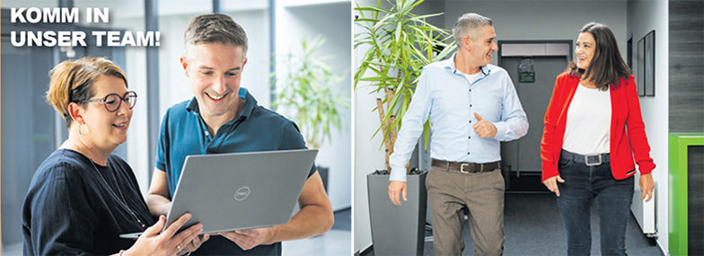 Team-Mitarbeiter arbeiten zusammen am Laptop und unterhalten sich im modernen Büro