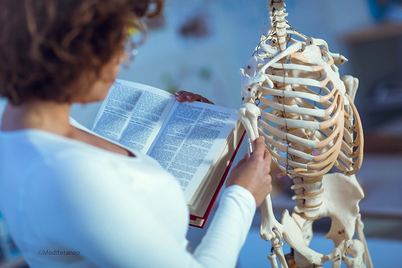 Eine Person liest in einem Buch neben einem Skelett