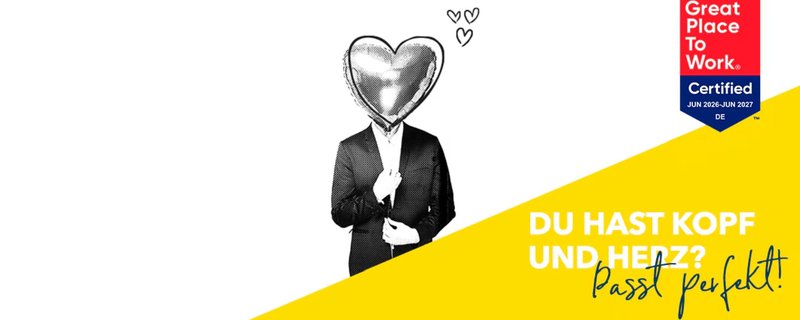 Person in Business-Outfit mit Herz statt Kopf, daneben Great-Place-To-Work-Zertifikat und gelber Banner mit Text