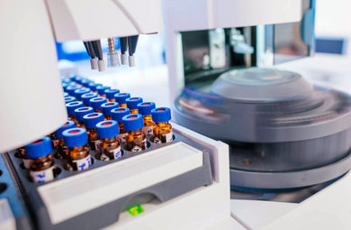 Laborautomation mit Reagenzgläsern und Zentrifuge in modernem medizinischem Labor