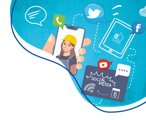 Frau mit Schutzhelm hält Smartphone mit Social-Media-Symbolen umgeben