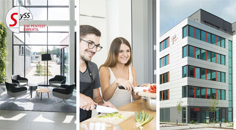 Fotocollage: Wartezimmer, am Tisch sitzende Kollegen, Firmenzentrale