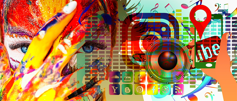 Bunte Collage aus einem farbbemalten Gesicht, Social-Media-Icons und Musik-Elementen