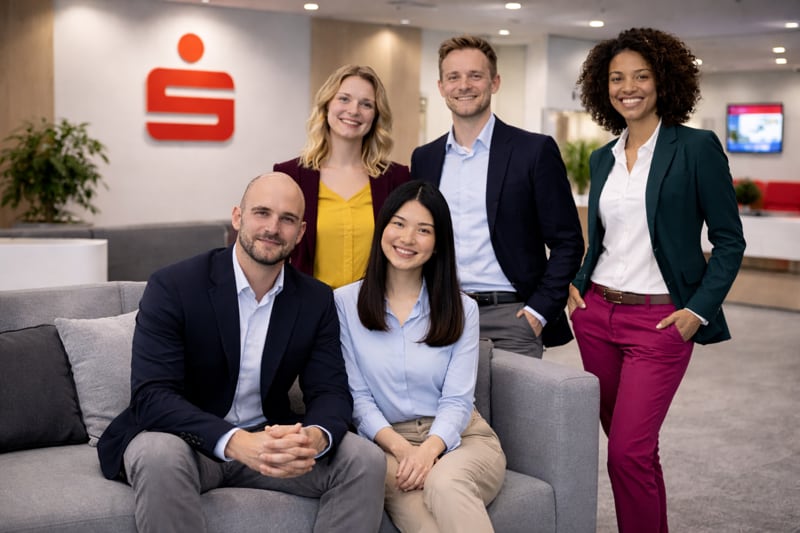 Die Mitarbeiter stehen im Büro der Kreissparkasse Saarlouis