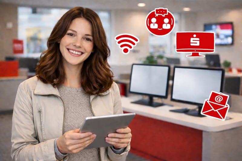 Das Mädchen hält ein iPad und steht im Büro der Kreissparkasse Saarlouis