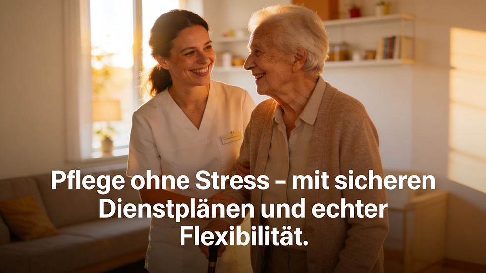 Pflegefachkraft und alte Dame - Pflege ohne Stress - mit sicheren Dienstplänen und echter Flexibilität.