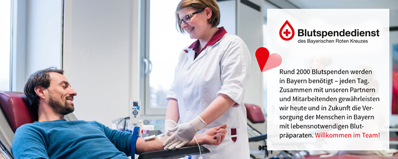 Blutspendedienst des Bayerischen Roten Kreuzes Rund 2000 Blutspenden werden in Bayern benötigt - jeden Tag. Zusammen mit unseren Partnern und Mitarbeitenden gewährleisten wir heute und in Zukunft die Versorgung der Menschen in Bayern mit lebensnotwendigen Blutpräparaten. Willkommen im Team!