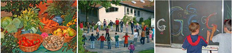 Körbe mit Obst und Gemüse - Kinder spielen auf dem Schulhof - Kinder schreiben an die Tafel